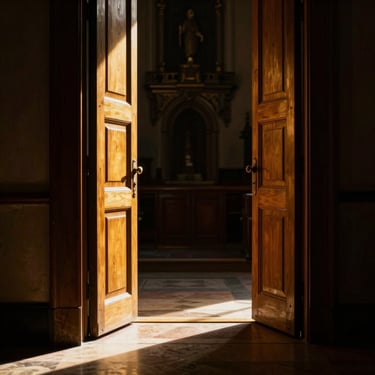 An open wooden door with bright golden light pouring through, dark church interior, dramatic chiaroscuro