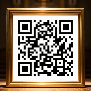 A sharp black and white QR code displayed on a clean surface, framed by a polished golden border, warm dramatic lighting, high contrast