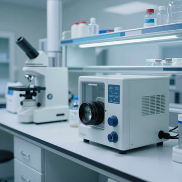 A professional clinical laboratory interior in North America, featuring clean white surfaces, stainless steel medical equipment, and soft ocean blue lighting.