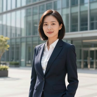 Portrait of a professional female consultant in front of a modern glass campus building, bright natural daylight, 35mm