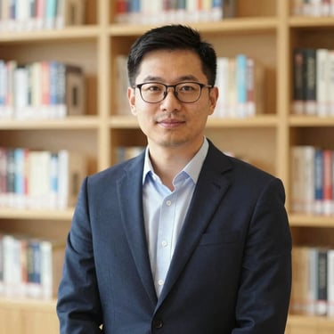 Portrait of a professional male academic consultant in a classic library, warm daylight, confident expression, 35mm