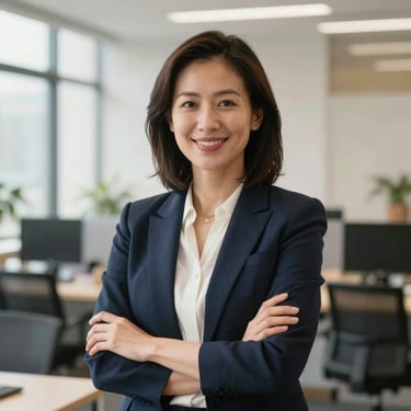 Portrait of a professional female academic consultant in a modern office, warm natural daylight, soft smile, authoritative, 35mm