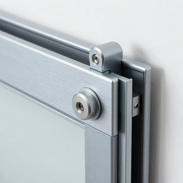Extreme close-up of an automatic sliding door motor and steel track mechanism, clean architectural studio lighting, highlighting metallic textures and precise engineering.