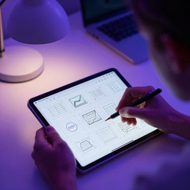 Over-the-shoulder view of a UI designer sketching wireframes on a tablet, workspace illuminated by a soft violet desk lamp