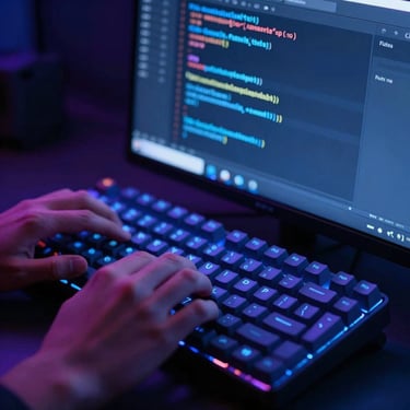 Macro shot of a developer's hands coding on a mechanical keyboard, high-resolution IDE screen showing Flutter code, neon blue ambient light