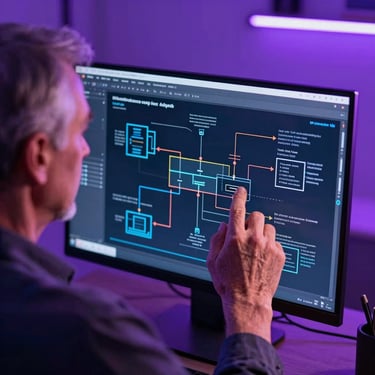 Over-the-shoulder shot of a senior software architect analyzing system architecture diagrams on a high-resolution screen, neon violet background lighting