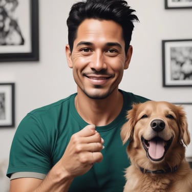 Man working on a tablet with orange and black minimalistic background.