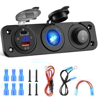 Kohree 12V Power USB Outlet Socket 3 in 1, PD Type C 3.0 & QC 3.0 USB, 200W Cigarette Lighter Socket