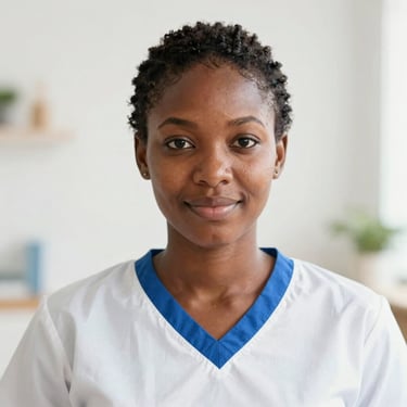Close-up portrait of a young Nigerian mother, bright natural daylight, soft focus, clean and warm domestic background