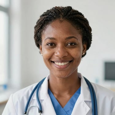 Close-up portrait of a professional Nigerian woman smiling warmly, clean clinical background, soft natural daylight, shallow depth of field