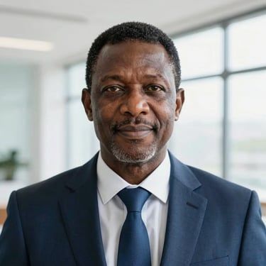 Close-up portrait of a mature Nigerian man in a business suit, soft window lighting, clean modern office environment, shallow depth of field