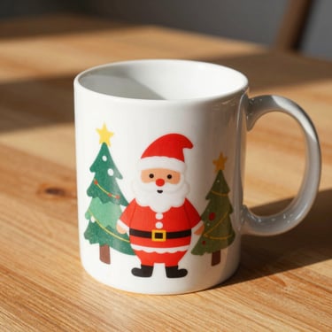 Close-up shot of a custom sublimated ceramic mug with a colorful holiday design, sitting on a wooden table in warm morning sunlight, sharp focus.