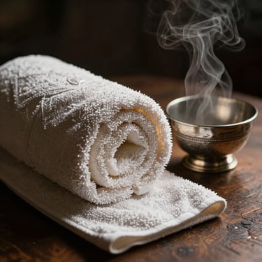 A rolled hot towel steaming next to a silver shaving bowl, low-key lighting, rich texture of the cotton.