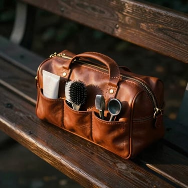 A premium leather wash bag packed with grooming tools, resting on a dark wood bench, soft amber glow.
