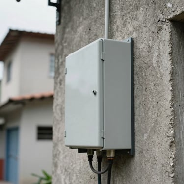 Close-up of a fiber splitter box mounted on a concrete wall in a Brazilian neighborhood, natural overcast daylight, conduit running into frame from left, technical infrastructure detail, documentary framing