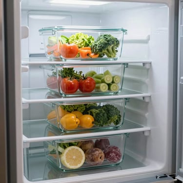 Neatly stacked glass meal prep containers in a bright, clean home refrigerator, colorful fresh healthy food visible inside.