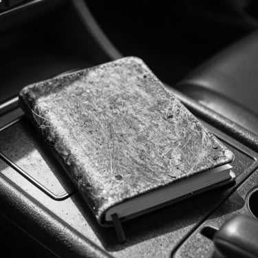 Close-up of a driver's weathered logbook resting on a dashboard, harsh sunlight casting deep shadows across the grid lines, black and white.