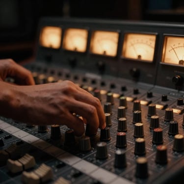 Tight macro shot of hands adjusting a vintage analog mixing console, glowing VU meters in the background, warm amber studio lighting, 35mm film grain.