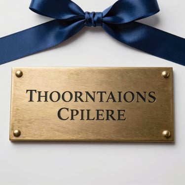 Overhead flat-lay of a rectangular brass institutional plaque and a formal ribbon decoration on a white studio surface, extreme close-up insert showing engraved serif lettering at actual size, neutral daylight strobe lighting with minimal shadow