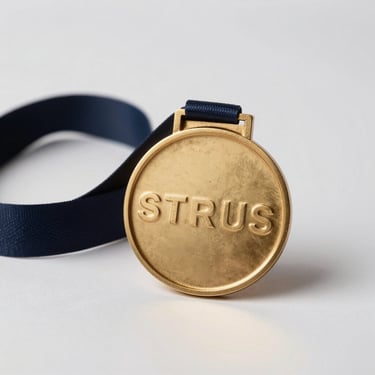 Three-quarter view of a gold-plated sports medal on a white studio background, lanyard coiled beside it, close-up showing engraved lettering on the face and fine relief border detail, neutral strobe lighting casting a soft shadow to the right