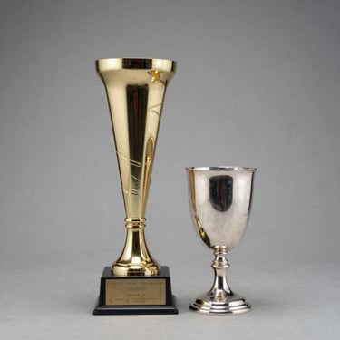 Three-quarter angled view of a tall gold trophy and a wide-mouth silver cup side by side on a light gray studio surface, neutral strobe overhead lighting showing material sheen and engraved base text, soft dimensional shadow beneath each piece