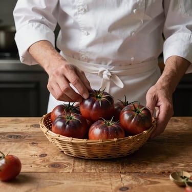 Soft side-lighting on a rustic wooden table, a chef in a clean apron inspecting a basket of dark purple heirloom tomatoes, high contrast shadow.