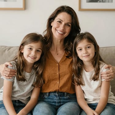 Portrait of a smiling woman over 40 with warm natural lighting, radiating calm confidence.