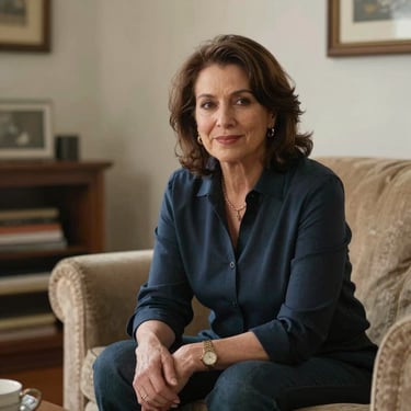 Portrait of a smiling woman over 40 with warm natural lighting, radiating calm confidence.