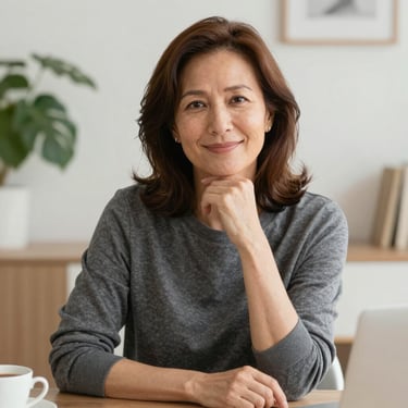 Happy woman in her mid-40s preparing breakfast in a bright kitchen with citrus fruits on the counter.