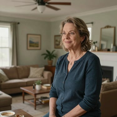 Smiling woman in her 50s enjoying a sunny morning outdoors with a fresh citrus drink.
