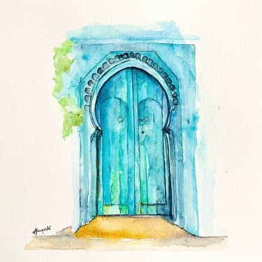 Watercolour painting of a turquoise mineral double door, 30 × 30 cm, from the Portes series by Weronika Kacperski