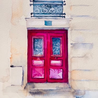 Frontal watercolor of a crimson red door with decorative iron transom set in a pale stone facade, architectural painting mini