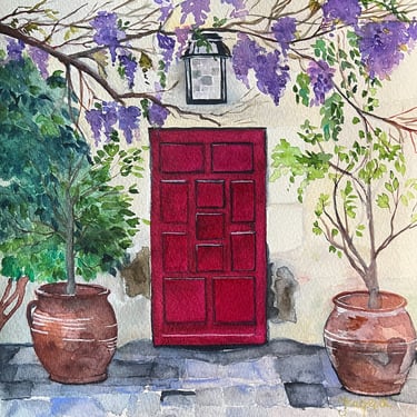 Watercolor of a burgundy threshold framed symmetrically by two terracotta plant pots, frontal composition in a pale wall