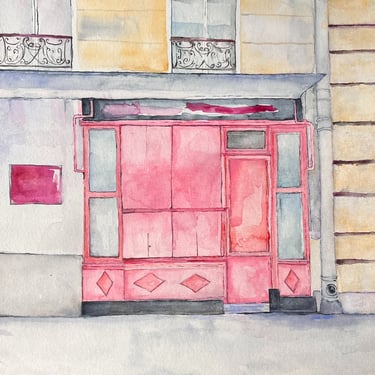 Watercolor of a pink storefront façade with structured rectangular openings, frontal composition in soft Mediterranean light.