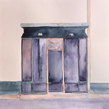 Watercolor of a violet amethyst storefront set in a pale blush wall, frontal architectural composition with soft shadows