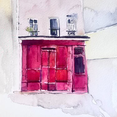 Frontal watercolor of a red storefront facade with multiple doors and windows, urban architectural miniature painting