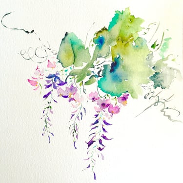 Dreamy Wisteria Japanese Minimalist Watercolor Painting by Weronika Kacperski French Women Artists