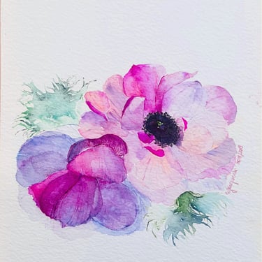 Pink and Violet Anemone Blossoms Japanese Watercolor by Weronika Kacperski