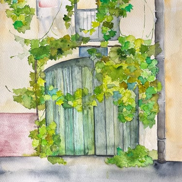 Watercolor of a double green garage door partially covered by lush greenery, set in a pale wall, frontal composition