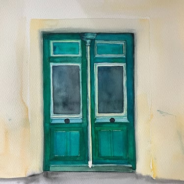 Symmetrical double door in watercolour, 30 × 30 cm, from the Portes series by Weronika Kacperski