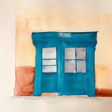 Vertical architectural doorway in watercolour, 30 × 30 cm, Portes series by Weronika Kacperski