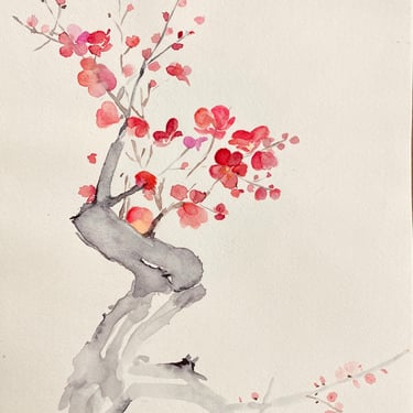 Minimalist Japanese Cherry Blossom Painting | Elegant Sakura Watercolor by Weronika Kacperski
