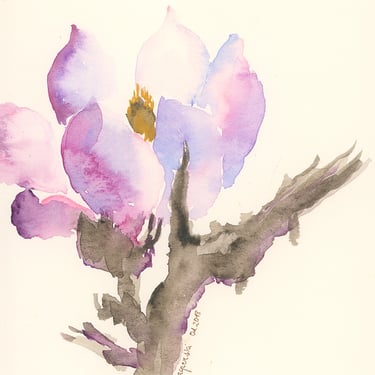 Purple Magnolia Dream: Minimalist Oriental Style Painting Weronika Kacperski French Female Artist