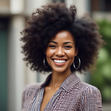 Portrait of a smiling woman in a casual office setting.