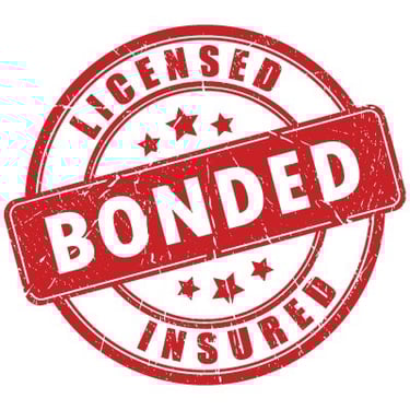 Red circular stamp with distressed texture reading Licensed, Bonded, and Insured for professional services.