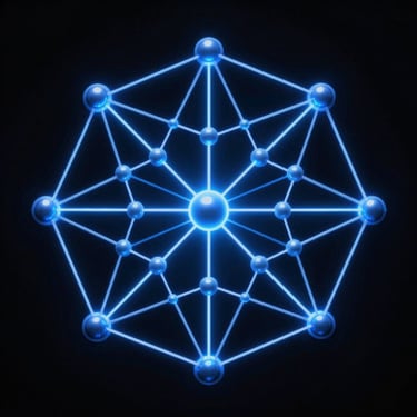 Symmetrical macro shot of a clean node-based network diagram, glowing electric blue lines on a deep black background, sharp focus, technical schematic look.