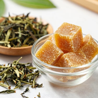 Premium organic golden jaggery blocks next to herbal tea leaves in a clean glass bowl, sharp focus, natural daylight