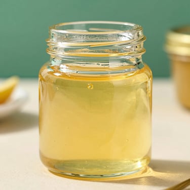 Pure golden A2 ghee in a modern clear glass jar, soft natural light reflecting off the rich liquid, premium presentation