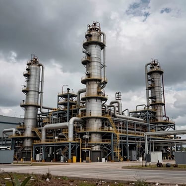 Extreme wide environmental shot of a massive industrial site under dramatic overcast skies, emphasizing physical scale and permanence.
