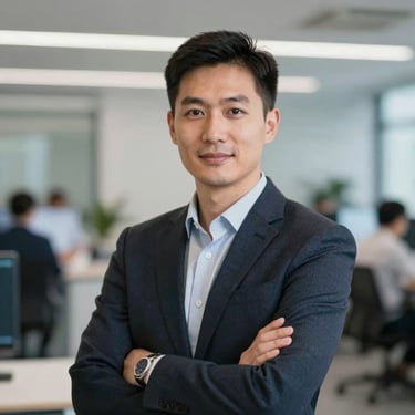 A confident male professional in a high-end tech environment, symbolizing the leadership and expertise of Morya Group's IT division.